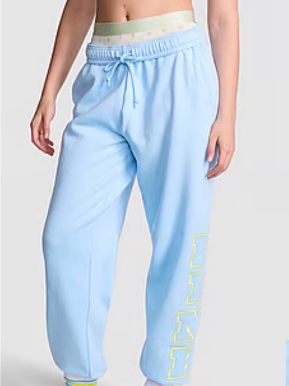 PINK Victoria's Secret Pastel Blue Joggers with Yellow Logo